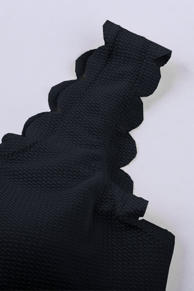 Scalloped One-Shoulder Black Bikini for Beach and Vacation