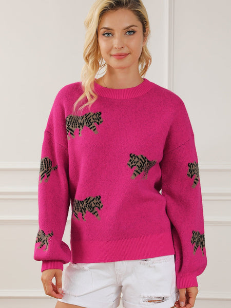 Fierce Leopard Print Rose Red Knit Sweater for Casual Chic