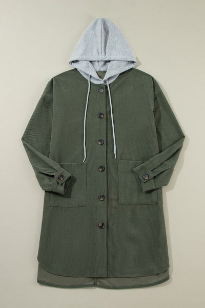 Stylish Women's Jungle Green Oversized Corduroy Hooded Shacket with Contrast Details for Ultimate Comfort
