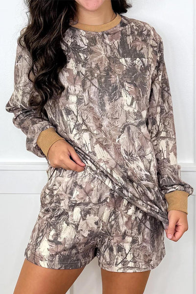 Women's Woodland Camo Long Sleeve Top and Shorts Set