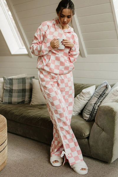 Stylish Women's Pink Checkered Hoodie and Side Stripe Pants Set with Bow Knot - Trendy 2-Piece Loungewear for Comfort