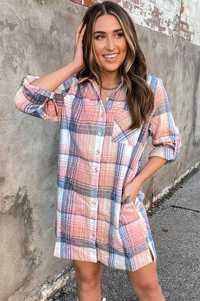 Stylish Women's Pink Plaid Shirt Dress with Roll-Tab Sleeves & Side Slits - Perfect for Casual Outings & Everyday Wear