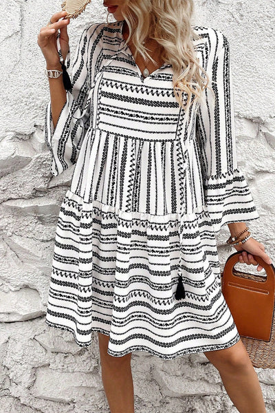 Elegant Women's Black Stripe V-Neck Mini Dress with Flattering Bell Sleeves and High Waist for Effortless Style