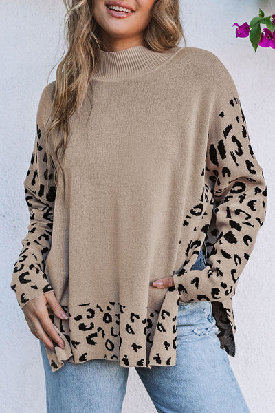 Trendy Women's Oversized Khaki Leopard Print Sweater with High Neck and Side Slits for Cozy Style made for easy styling and wardrobe coordination,