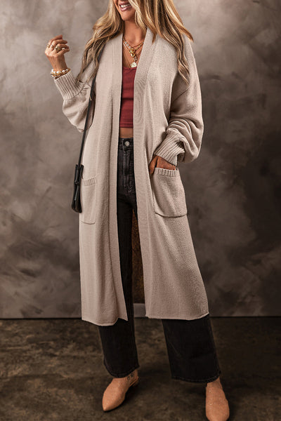 Chic Beige Long Knit Cardigan for Women - Open Front, Relaxed Fit, Stylish Layering Piece with Convenient Side Pockets