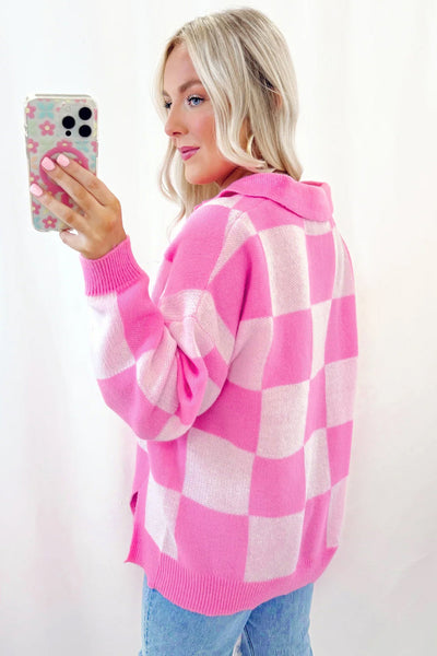 Cozy Women's Pink Checkerboard Drop Shoulder Sweater with Half Button Collar - Effortlessly Chic Casual Style