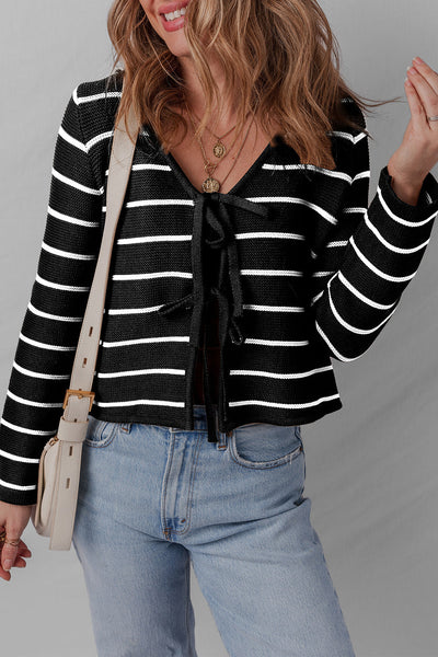 Cozy Women's Black Striped V-Neck Cardigan Sweater with Tie Front - Effortless Layering for Chic Fall Style
