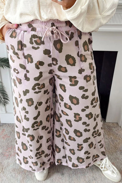 Plus Size Women's Purple Leopard Print Wide Leg Pants with Comfortable Drawstring for Effortless Style and All-Day Wear
