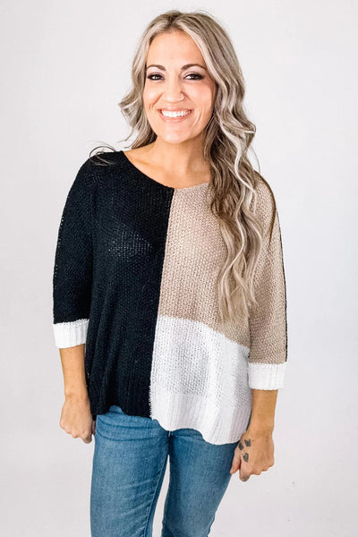 Cozy Women's Black Color Block V-Neck Knit Sweater - Relaxed Fit for Effortless Casual Chic Look