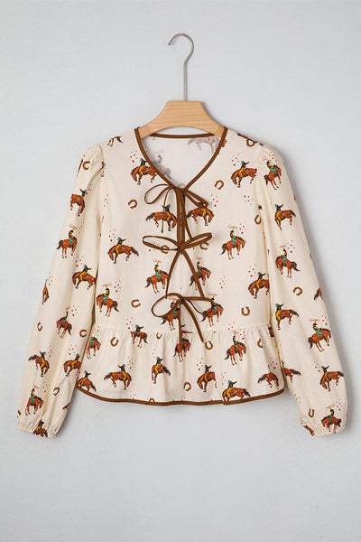 Trendy Women's Apricot Western Rodeo Print Peplum Top with Puff Sleeves and Tied Front Perfect for Casual Outings