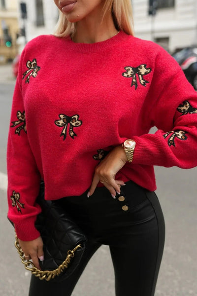 Chic Women's Racing Red Leopard Print Bow Sweater - Cozy Drop Shoulder Design for Effortless Style and Comfort made for easy styling and wardrobe