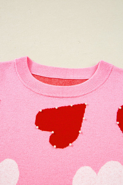 Cozy Women's Pink Heart Sweater with Pearl Embellishments - Cute Valentine's Day Gift in Comfortable Fit
