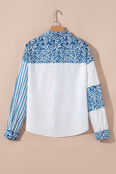 Women's Sky Blue Cotton Striped Leopard Patchwork Blouse