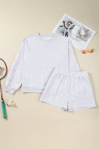 Light Grey Women's Casual 2-Piece Outfit: Bow-Embroidered Puff Sleeve Pullover with Loose-Fit Shorts