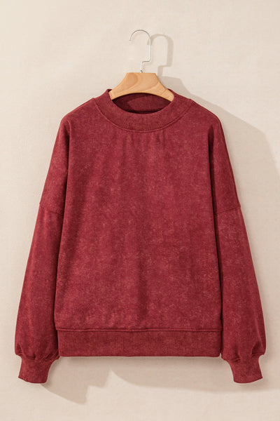 Women's Cozy Red Dahlia Drop Shoulder Crew Neck Sweatshirt - Casual Pullover for Effortless Style and Comfort