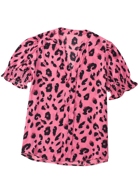 Pink Leopard Notch Neck Bubble Sleeve Top
