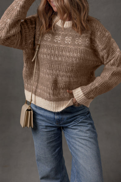 Stylish Women's Dark Brown Geometric Knit Sweater with Contrast Colors and Drop Sleeves Ideal for Casual Layering