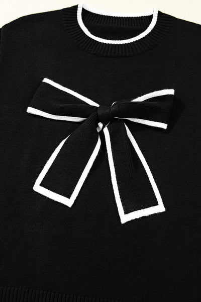 Women's Black Cropped Sweater with Bow Detail and Contrast Trim for Chic Holiday Style and Cozy Comfort