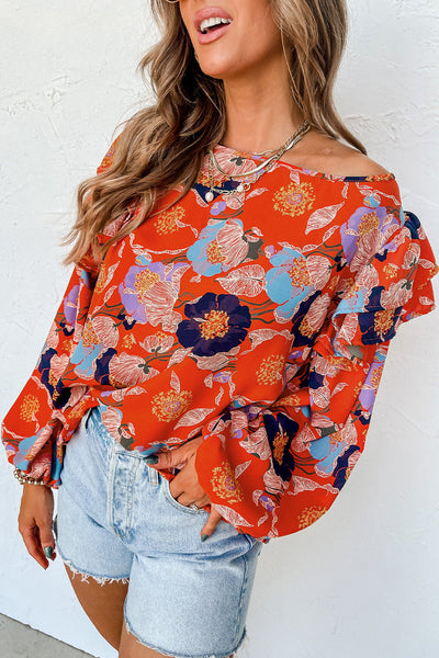 Women's Fiery Red Floral Ruffle Puff Sleeve Blouse - Chic Summer Top with Feminine Fit and Eye-Catching Design
