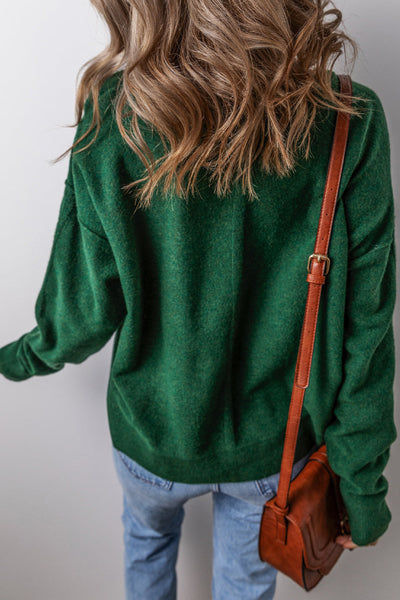 Women's Cozy Blackish Green Loose-Fit Crew Neck Sweater with Drop Sleeves - Stylish Knitwear for Casual Wear