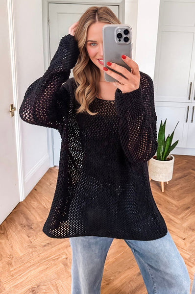 Cozy Women's Black Crochet Pullover Sweater - Stylish Openwork Knit for Effortless Chic Look and Comfort