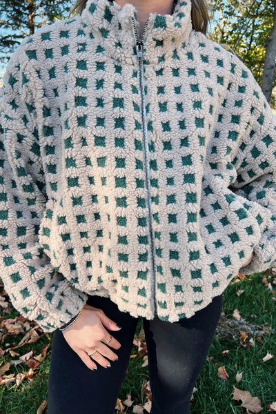 Cozy Women's Green Plaid Zip-Up Winter Coat - Soft Plush Fabric for Stylish Warmth in Cold Weather