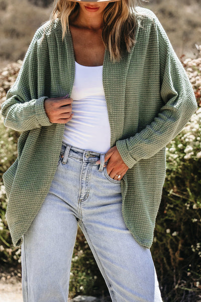 Cozy Women's Laurel Green Waffle Knit Open Front Cardigan for Stylish Layering and Comfort in Every Season