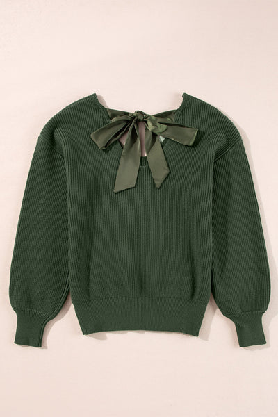 Women's Cozy Jungle Green V-Neck Sweater with Lantern Sleeves and Knot Back Detail - Perfect for Any Occasion