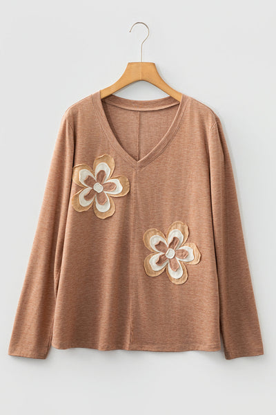 Women's Relaxed V-Neck Top with Raw-Edge Floral Appliques