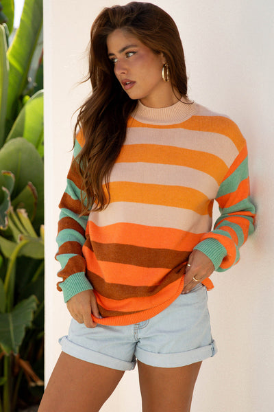 Cozy Women's Stripe Color Block Sweater in Soft Knit - Perfect Casual Fall & Winter Layering Essential