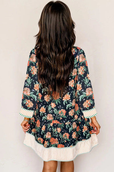 Stylish Women's Blue Floral Mini Dress with Striped Trim, V-Neck, Long Sleeves, and Ruffle Hem for Effortless Charm
