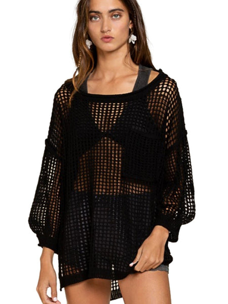 Sexy Black Crochet Fishnet Long Sleeve Beach Cover-Up
