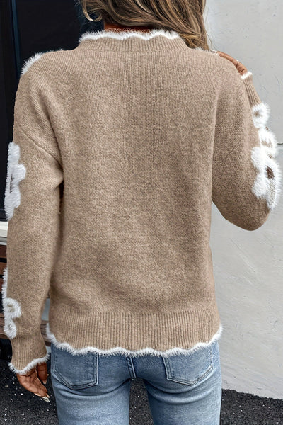 Women's Scalloped V-Neck Sweater in Soft Knit - Elegant Casual Top for Effortless Style and Comfort