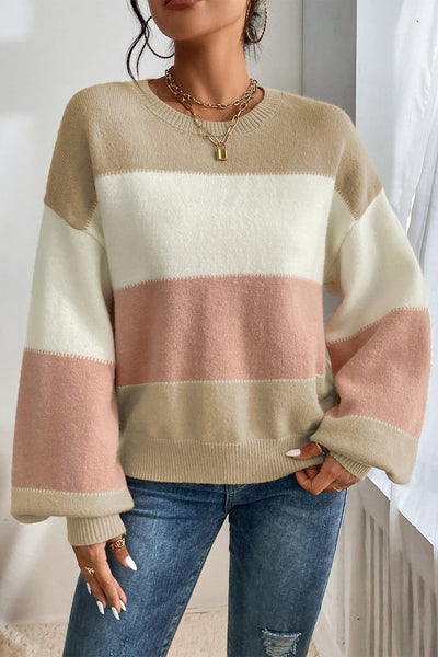 Cozy Dusty Pink Color Block Sweater for Women with Lantern Sleeves & Drop Shoulders - Chic Knitwear for Any Occasion