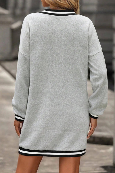 Women's Light Grey Striped V-Neck Long Sleeve Preppy T-Shirt Dress - Casual Fit for Effortless Style
