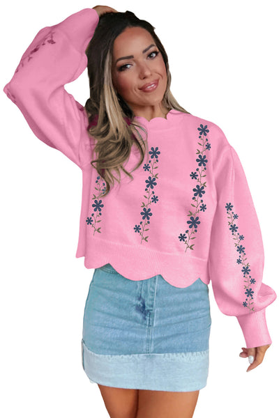 Trendy Women's Pink Floral Embroidered Cropped Sweater with Scalloped Hem Comfortable Spring Fashion Staple