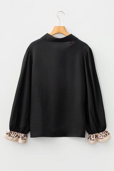 Women's Stylish Women's Black Leopard Print Blouse with Polo Collar, Ruffled Long Sleeves, and Button Front for Trendy Looks