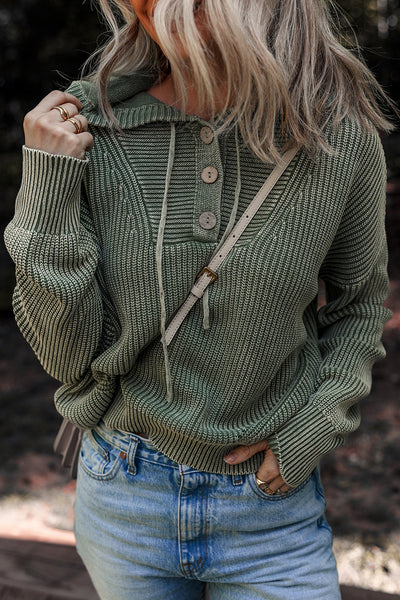 Women's Mist Green Ribbed Knit Hooded Pullover Sweater - Cozy Casual Style with Drawstring and Mineral Wash Finish