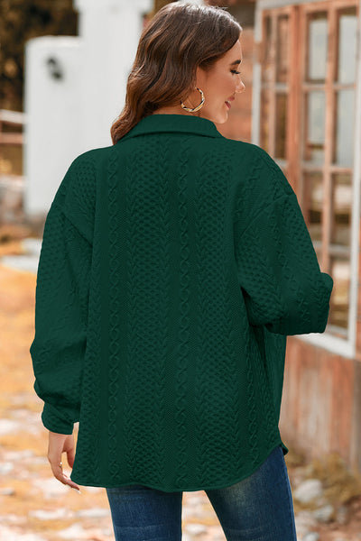 Women's Blackish Green Cable Knit Puff Sleeve Shacket