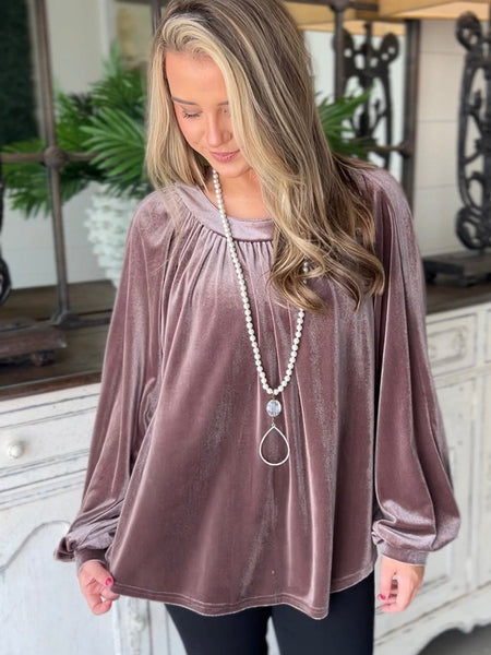 Velvet Keyhole Back Swing Blouse in Rose Tan