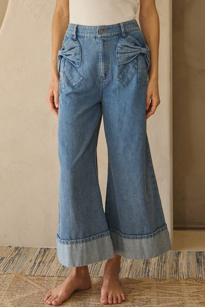 women's washed denim wide leg jeans with bow detail - easy and wearable casual pants for effortless chic looks with practical styling and dependable