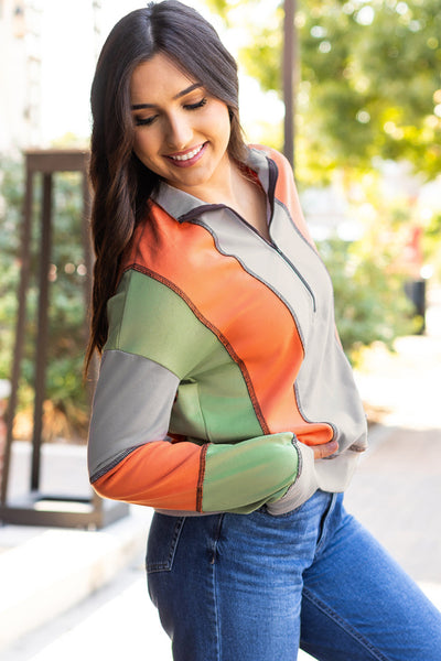 Women's Light Grey Color Block Half-Zip Sweatshirt with Stylish Stitching for Ultimate Casual Comfort