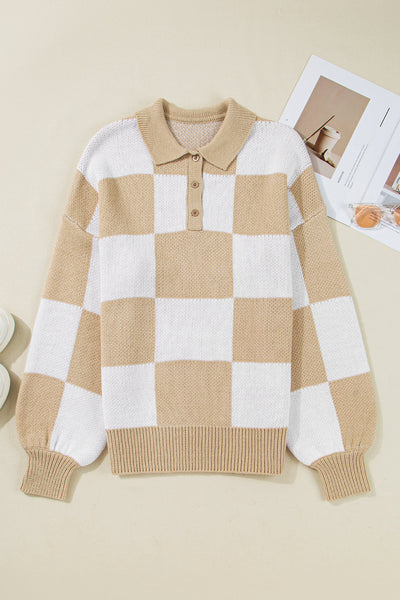 Women's Stylish Light Beige Checkered Polo Sweater - Loose Fit Knit for Effortless Casual Chic Comfort