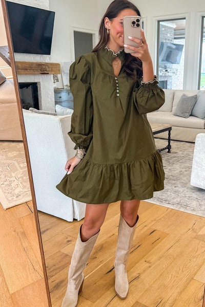 Women's Jungle Green Ruffled Collar Mini Dress with Button Placket - Flattering Casual & Party Style for Every Occasion