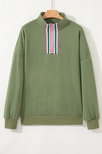 Women's Vineyard Green Contrast Striped Zip Collar Pullover Sweatshirt with Patchwork Design for Cozy Style
