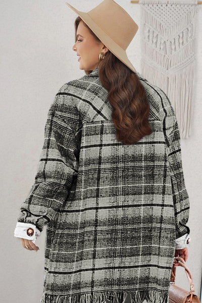 Women's Sage Plaid Plus Size Shacket with Fringe Hem