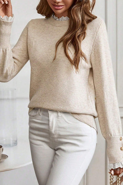 Cozy Women's Relaxed Fit Jet Stream Sweater with Lace Trim and Buttoned Cuffs for Effortless Chic Style