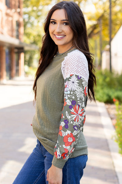 Stylish Women's Laurel Green Floral Patchwork Long Sleeve Blouse - Ribbed, Comfortable Fit for Effortless Everyday Chic