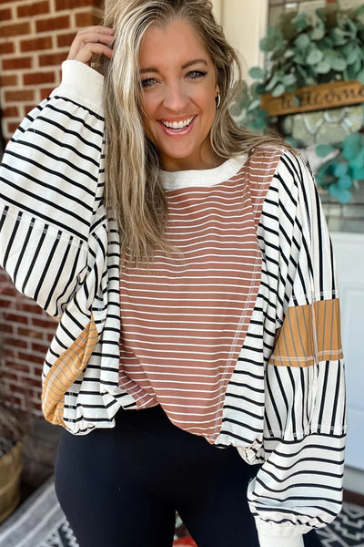 Trendy Women's Oversized Pink Striped Color Block Long Sleeve Top with Exposed Seams for Casual Chic Looks