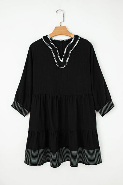 Women's Black Tiered Mini Dress with V-Neck and 3/4 Sleeves - Trendy, Comfortable Style for Every Occasion